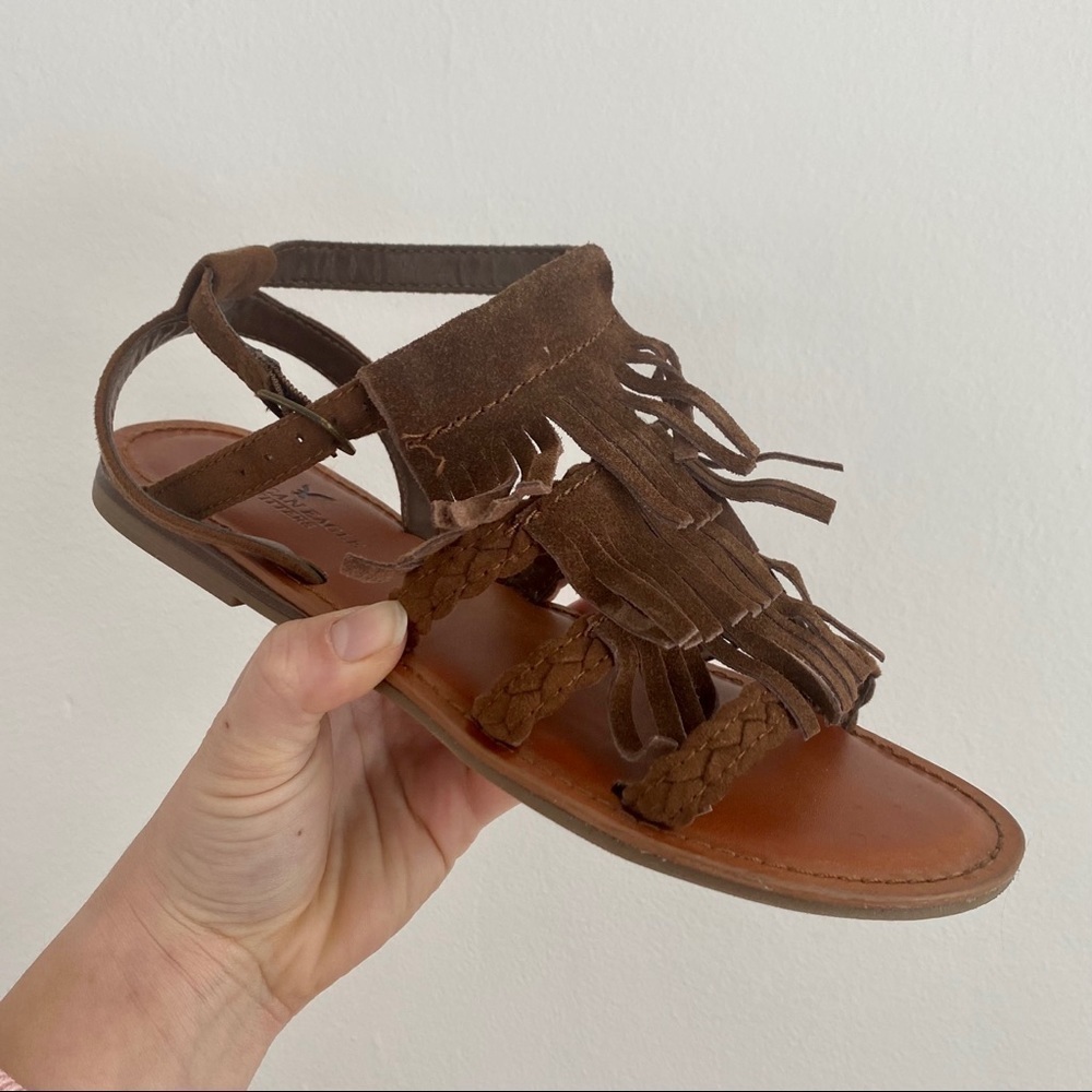 American Eagle Brown Suede Fringe Sandals | Boho/Western Style | Brass Buckle - Picture 2 of 9